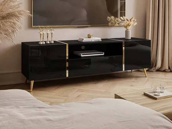 Vente-unique - MARZIALO TV unit Holz, Platte SchwarzGoldfarben - B 41 cm x H 51,8 cm x L 158 cm