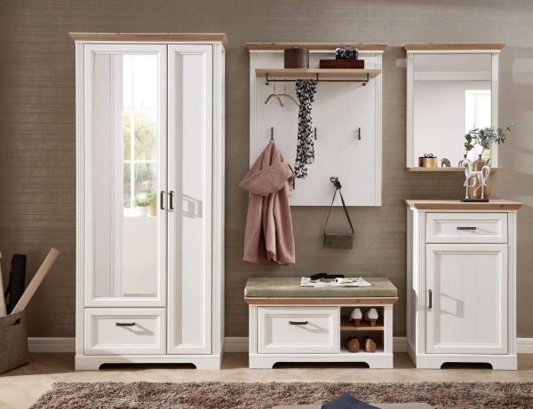 Garderobe Set JASMIN3 5tlg Hochschrank Paneel Spiegel Kommode Bank Landhaus weiß