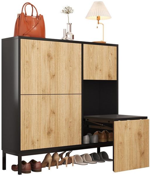 Yorbay Schuhschrank mit klappbaren Schuhwechselhocker, Aufbewahrung für 22 Paar Schue Schuhregal mit 3 Klappen+offener Ablagefläche, Schwarz + Holzfarbe
