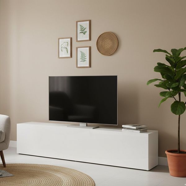 Dmora Wohnzimmer TV-Ständer, Made in Italy, TV-Ständer mit 1 Klapptür, 180x30h40 cm, glänzend weiße Farbe