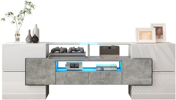 Stilvoller TV-Schrank, Lowboard. hochglänzendes Weiß, 145 cm, LED-Beleuchtung, Wohnzimmermöbel. modernes Design. elegante Glasoberfläche.