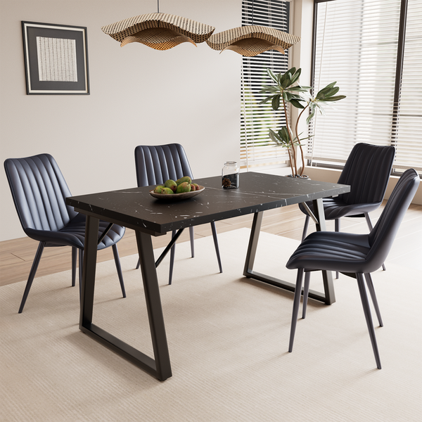 HOMAVO 5-Teiliges Esszimmerstühle, Metall & MDF Esstisch 140x75x80 cm (Schwarz), 4er-Set Stuhl (Kunstleder Schwarz)