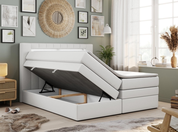 Boxspringbett mit LED Kopfteil und Topper - GOLD-5-KING - 200x200cm - Weiß Kunstleder - H3 Bild 2