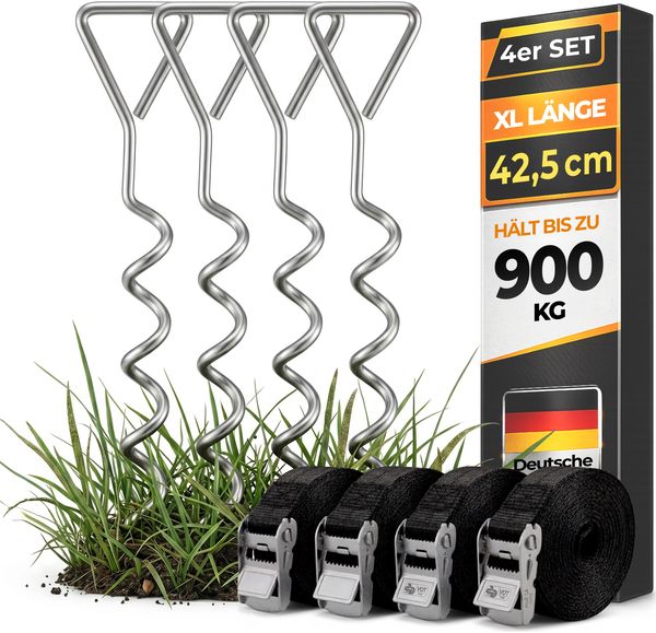 Monzana 4 Bodenanker Trampolin 42,5cm 5 Windungen 900kg Verstellbare Gurte Rostfrei Sicherung Set Erdanker Befestigung