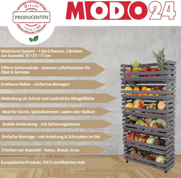 Modo24 Küchenregal Modular Holzregal für Gemüse Obst auf Rollen, Stapelbares Regalsystem, Kartoffelsteige, Küchenregal, Vorratsregal, Gemüseregal, 3 Farben