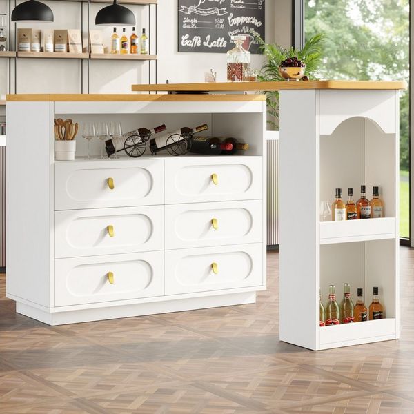 Flieks Bartisch Kommode mit 360° drehbarer Stehtisch (Arbeitsplatte Länge 137-203 cm, 2-St, 2er Set), schwenkbar Esstisch & Sideboard mit 6 Schubladen und Ablagen Weiß