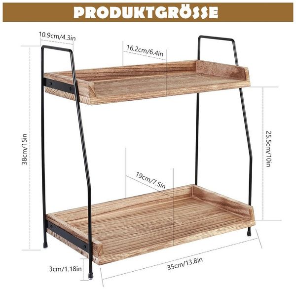 TUWENA Gewürzregal 2 Etage Gewürzregal, Kaffeeregal aus Holz, Küchenregal Arbeitsplatte