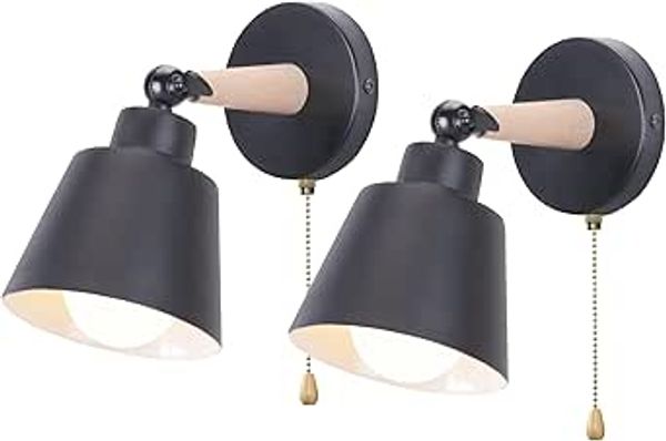 iDEGU 2er-Set: Vintage-Wandleuchten , Deckenleuchten im Industrial-Stil — Aus Holz , Metall, verstellbare Innenbeleuchtung mit Schalter — Modernes Design, ideal fur Schlafzimmer, Flure und Wohnzimmer (Schwarz) [Energieeffizienzklasse A]