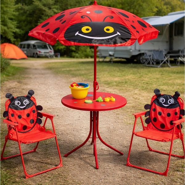 Koopman Garten-Kindersitzgruppe Sitzgruppe Strandstuhl Strandschirm Tisch Kindermöbel 4tlg, (4-tlg), Marienkäfer-Design, Faltstuhl, Rot / Schwarz, Kinder, Outdoor