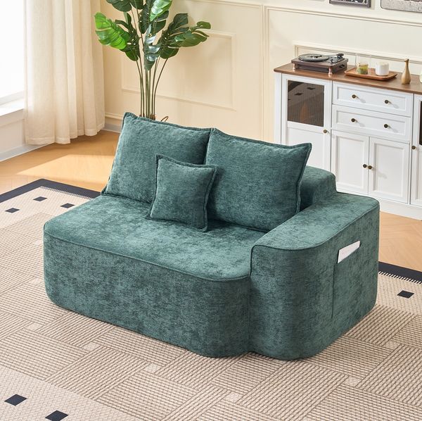 2-Sitzer Sofa, Chenille mit Seitentaschen, ohne Montage, 150 x 95 x 65 cm, Grün