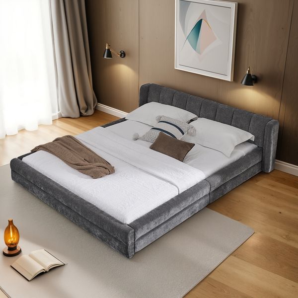 Flieks Doppelbett 140x200cm, Polsterbett Chenille mit Rückenlehne & Eukalyptus-Eisengestell, Grau
