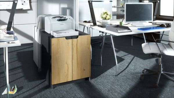 Druckerkommode Logan, Aktenschrank mit 2 Fächern und 2 Türen, Korpus in Schwarz matt, Fronten in Eiche Natur, (51 x 60,5 x 54 cm)
