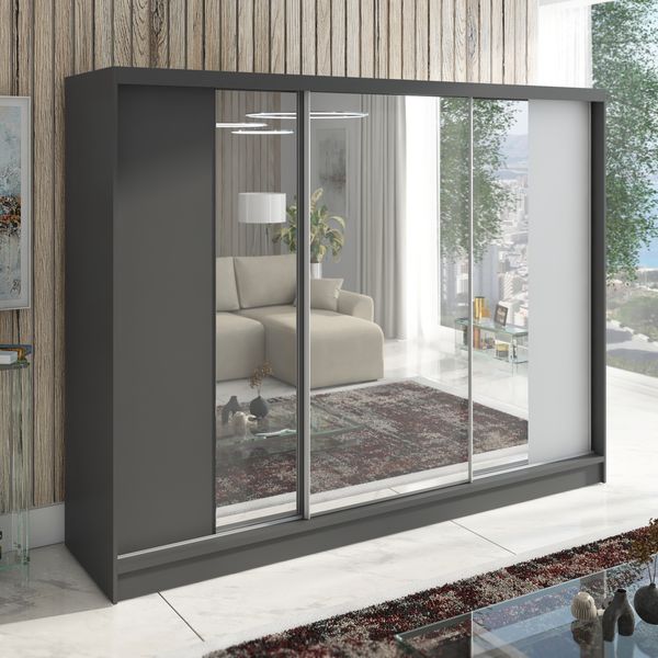 Schwebetürenschrank VENA 3-türig Schrank 200 cm (mit Spiegel) Farbe: Graphit , Weiß