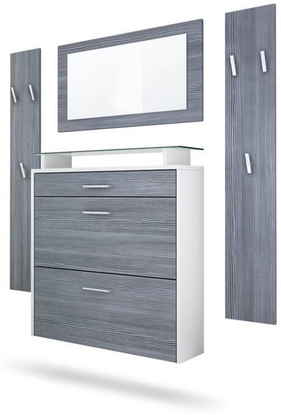 Vladon Garderobe Malea, Garderobenset bestehend aus 1 Hängeschuhschrank, 1 Wandspiegel und 2 Garderobenpaneele, Weiß matt/Avola-Anthrazit
