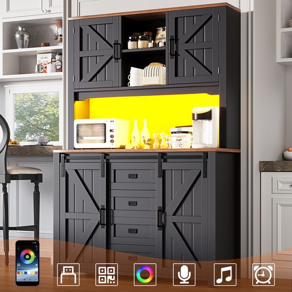 Küchen-Highboard 115 cm mit LED, Stauraum, Schubladen, Schiebetüren, verstellbaren Böden, modernem Vintage-Design,Schwarz
