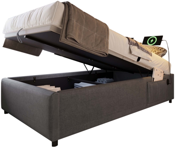 Polsterbett 90x200 cm, Leinenstoff, hydraulischer Bettkasten mit USB/Type-C, vollflächiger Massivholz-Bettboden, Grau
