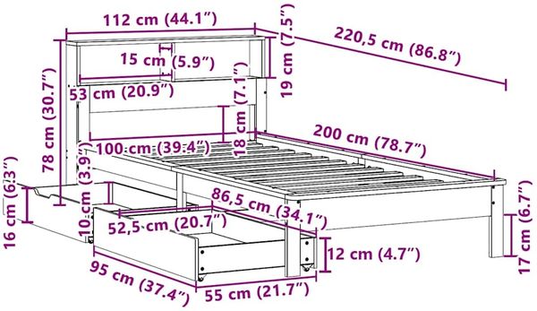 vidaXL Massivholzbett mit Regal ohne Matratze Wachsbraun 100x200 cm 3309817 Bild 12