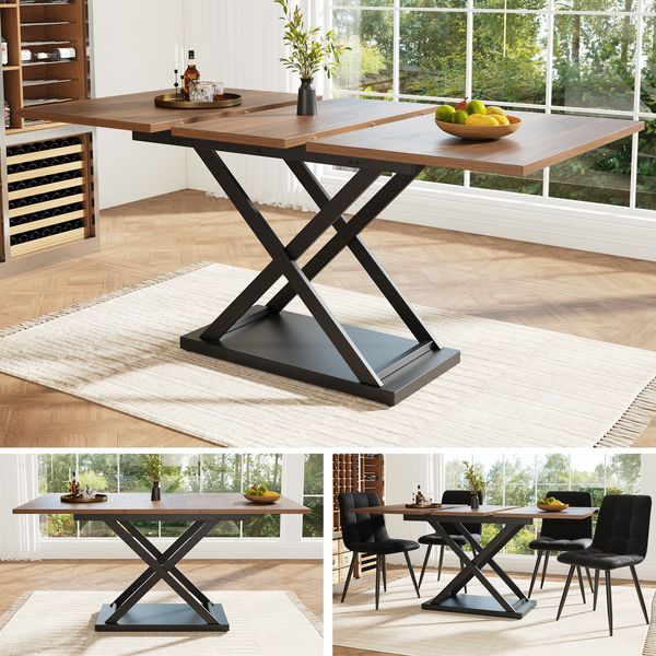Esstisch Teleskoptisch(120-160×80cm), Ausziehbarer Esstisch , platzsparender Küchentisch, Schwarz gekreuzte Eisenbeine,für Küche und Wohnzimmer, Walnussfarbener Esstisch