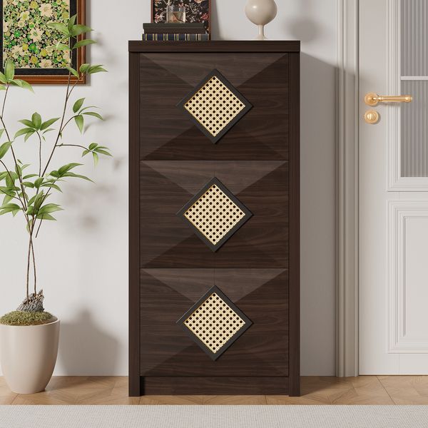 Schuhschrank, Holzoptik mit Rattan-Dekor & 3 Klappfächern, 54x25x115 cm, Walnussfarbe