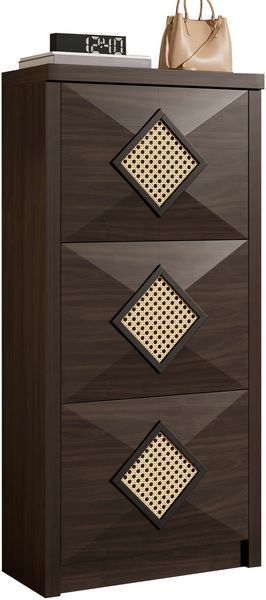 Schuhschrank, Holzoptik mit Rattan-Dekor & 3 Klappfächern, 54x25x115 cm, Walnussfarbe Bild 7