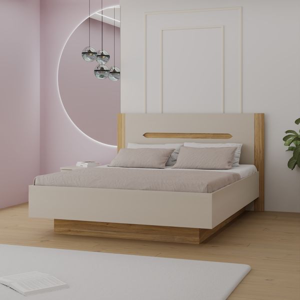 Forte EDWAL Bett Liegefläche 160 cm, modernes Bettgestell mit Stauraum unter dem Lattenrost, Holzwerkstoff, Kaschmir |Beige Holzdekor, 176,2 cm breit x 105,7 cm hoch x 206,6 cm tief