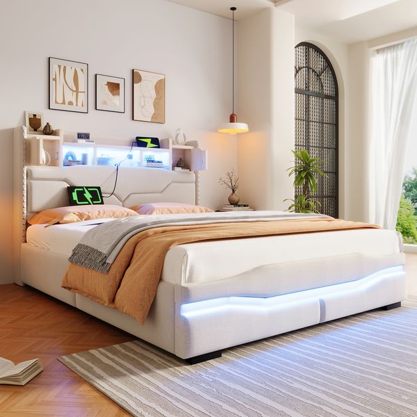 Polsterbett 140x200 cm aus Leinen mit Stauraum und LED-Beleuchtung