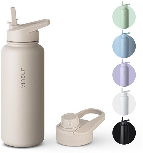 Vinsun Isolierflasche Edelstahl Trinkflasche 750ml Strohhalm - 2 Deckel Thermoflasche, BPA frei, doppelwandig, auslaufsicher, bruchsicher, geruchsneutral
