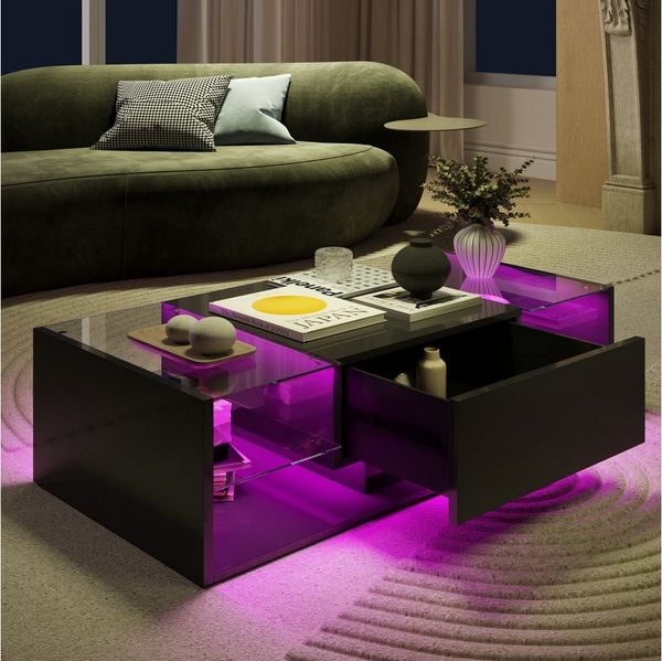 Furnishings Home Couchtisch Wohnzimmertisch Ablagetisch LED Beistelltisch (Hochglänzender quadratischer, mit LED Beleuchtung & Fernsteuerung), Mit Vier Fächer stauraum und 16-farbigen variablen LED-Beleuchtung