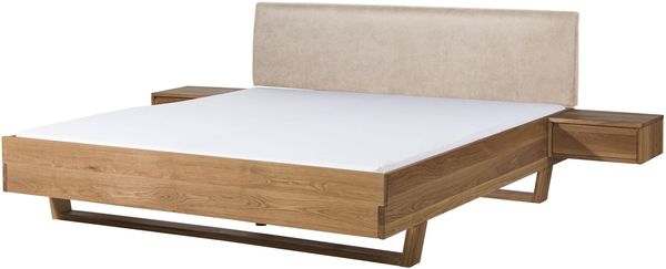 Bett mit Nachttischen Eiche 200x200x85 natur geölt, Kopfteil beige FICHTELBERG #136