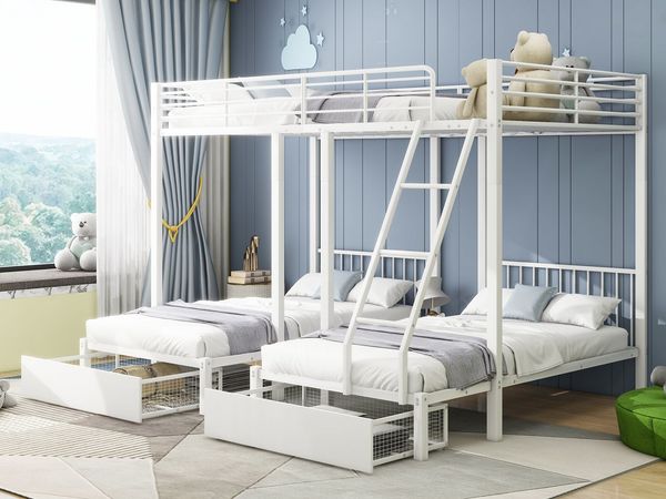 SeedWave Etagenbett Dreifaches Etagenbett mit Zwei Schubladen, Metall-Etagenbett, Einem 140x200cm Doppelbett, Zwei 90x200cm Einzelbetten, Schrägleiter
