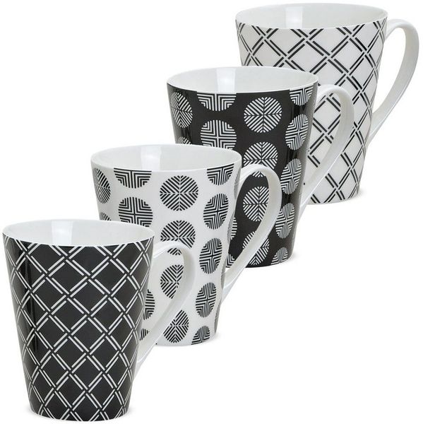 matches21 HOME & HOBBY Tasse Kaffeetassen 4er Set Retro Muster geflochten gestreift, 4-tlg, Keramik, Tee Kaffee-Becher, modern, schwarz weiss, 250 ml