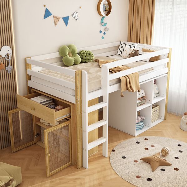 Kinderhochbett 90 × 200 cm – Massivholz & MDF mit Lattenrost, 2 Aufbewahrungsschränke, Schublade und Leiter, Natur & Weiß