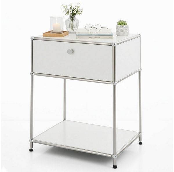 Floordirekt Beistelltisch Concept Epure MK-139, B50 × T40 × H65 cm, verschließbare Schublade (modular, kratzfeste Pulverbeschichtung), Beistellregal mit verchromtem Metallgestell, höhenverstellbare Füße