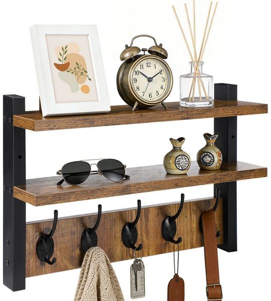 QUBEBU Wandgarderobe Wandgarderobe mit 2 Ablage, Wandregal mit 10 Haken Hängeregal bis 10kg (Kleiderhaken Wand - Wandgarderobe für Flure, Garderoben, Schlafzimmer, 1 St, Garderobenhaken, 41.5 x 11.5 x 28.5 cm (L x B x H), Garderobenleiste für Jacken, M...