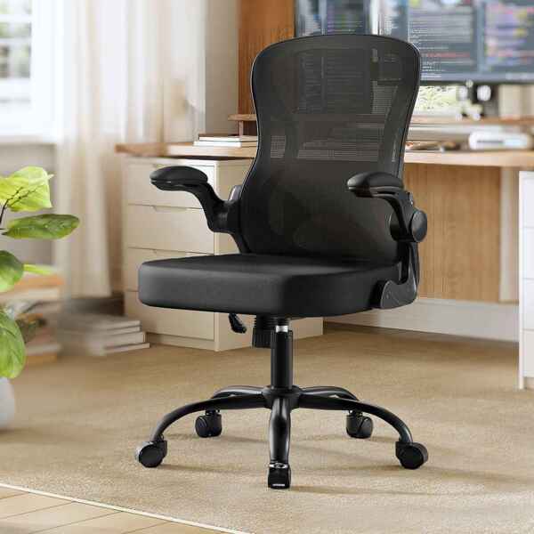 SONGMICS Bürostuhl ergonomisch, Drehstuhl mit Netzgewebe, Schreibtischstuhl mit Lendenstütze, Wippfunktion, klappbare Armlehnen, für Arbeitszimmer, Schlafzimmer, tintenschwarz Bild 2