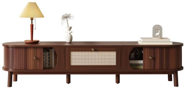 Merax Lowboard mit Schiebetüren und Rattan-Schubladen (1 St, 170 x 39,5 x 38 cm), Fernsehschrank Landhaus TV-Ständer mit Naturholzlamellen & Stauraum