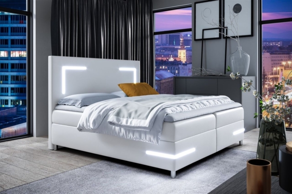 Boxspringbett Schlafzimmerbett ARIANO 180x200cm Weiss inkl. Bettkasten und LED