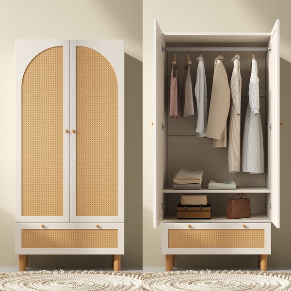 Novelux Garderobenschrank Rattan Schrank 2 Türen – MDF Kiefernholz Weiß, mit Schublade & Kleiderstange, Landhausstil Flurschrank, 180.5x85.5x52 cm