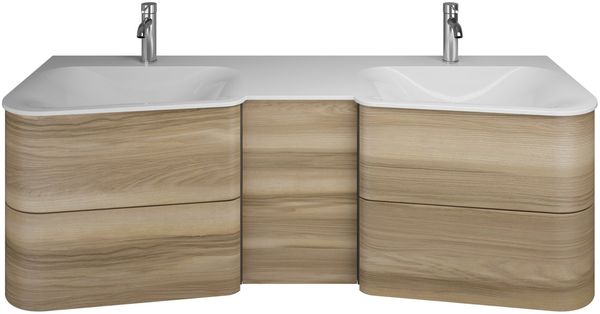Burgbad BADU Waschbecken mit Unterschrank 152 cm breit, Braun, Doppelwaschbecken Gussmarmor Weiß, Türanschlag rechts
