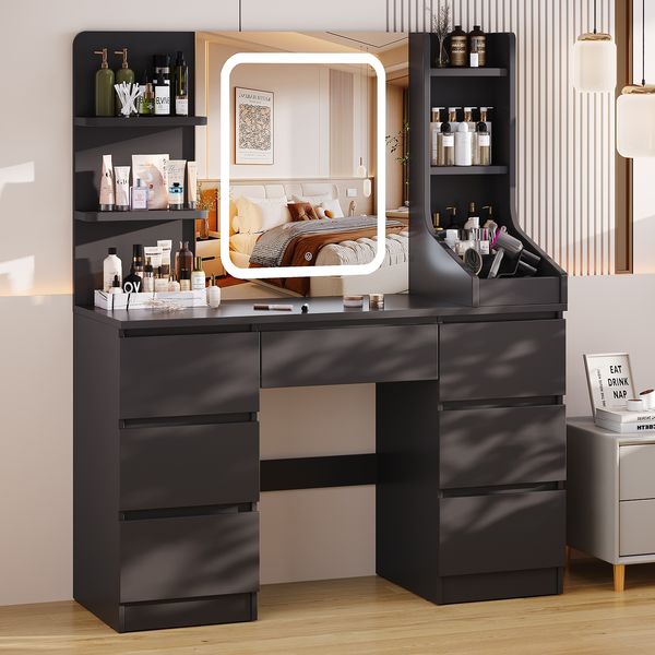 TRIUMPHKEY Schminktisch mit LED-Spiegel, Schubladen, Ablagefächer, Touch-Bedienung, Holzwerkstoff / Glas, Schwarz, 110 x 50 x 140 cm
