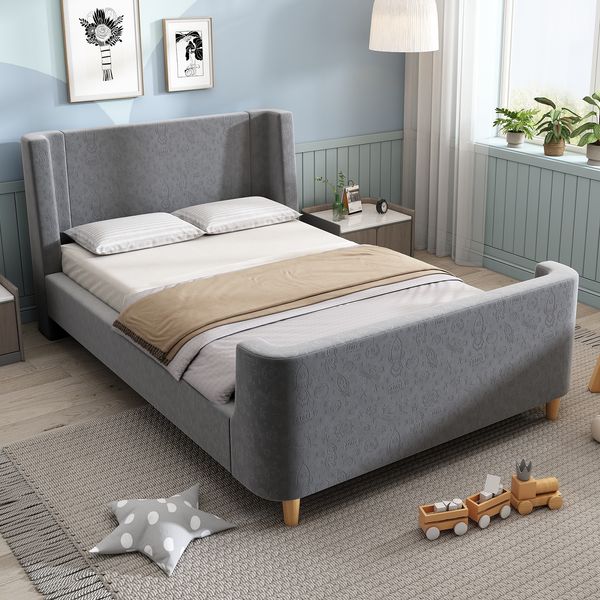 Kindereinzelbett 90×200 cm aus Samt-Stoff mit Weltraummuster, grau