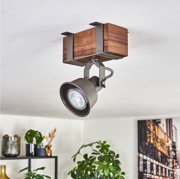 hofstein Deckenleuchte Deckenlampe verstellbar aus Metall/Holz in Grau/Dunkelbraun, ohne Leuchtmittel, Deckenleuchte im Industrial/Retro/Vintage-Design m. Holzbalken, 1xGU10