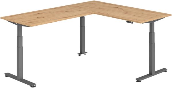 bümö Eckschreibtisch elektrisch höhenverstellbar L-Form: 180 x 240 cm in Asteiche, Gestell graphit - Stehschreibtisch mit Memory-Steuerung, elektrischer XXL Schreibtisch für die Ecke, XDSMW-1916-R-G