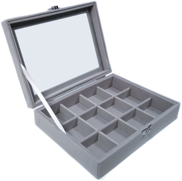 Yudu Aufbewahrungsbox Schmucktablett Schmucklade Schmuckkästchen mit Glasdeckel grau