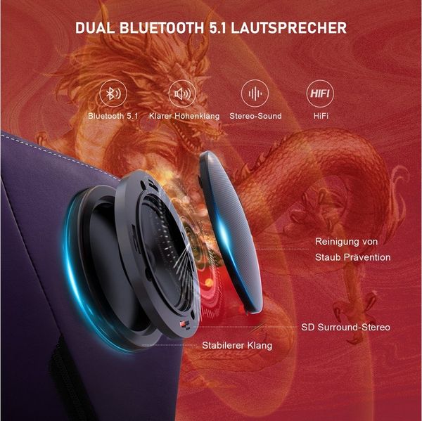 GTPLAYER Gaming-Stuhl Gamer Stuhl mit Bluetooth-Lautsprechern und Fußstütze, Dragon Series, Bürostuhl, Ergonomischer Gaming-Stuhl, Drehsessel, Computerstuhl