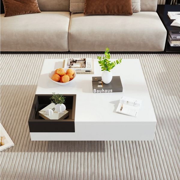 Merax Couchtisch mit herausnehmbarer Aufbewahrungsbox, Wohnzimmertisch Hochglanz mit LED, Beistelltisch, B/H/T: 72/30/72cm