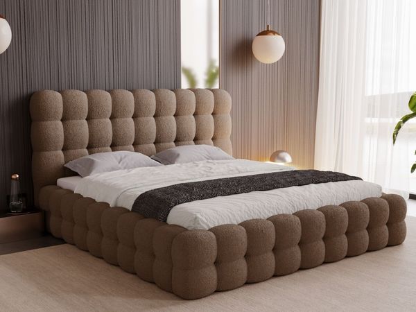 GRAINGOLD Twist Polsterbett 160x200, Doppelbett mit Bettkasten und Lattenrost, Bouclé-Stoff, Braun