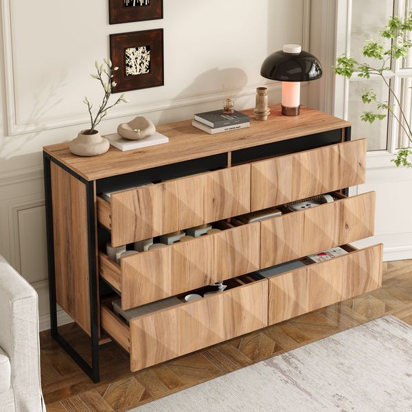 Sideboard 6 Schubladen, Schwarz und Holz mit Metalllgestell und verdeckten Griffleisten, 120 x 40 x 80 cm