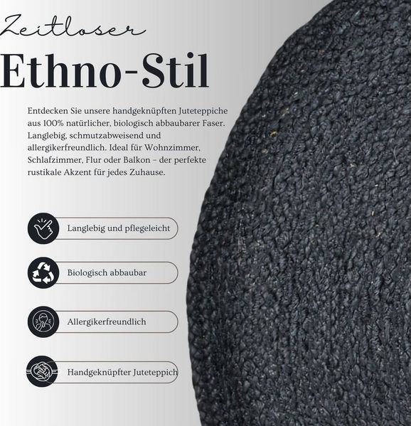 Marrakesch Orient & Mediterran Interior Teppich Ethno Boho Deko Jute Teppich Abrila Rund 100cm Schwarz, Handarbeit