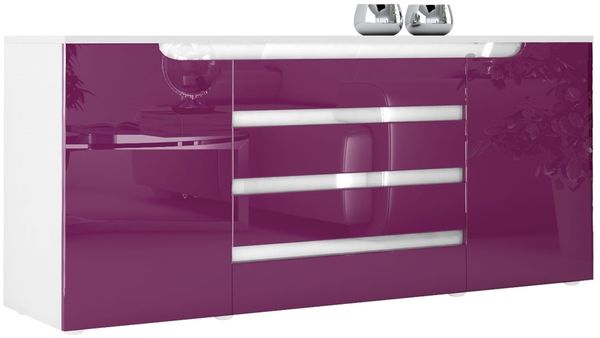Sideboard Kommode Sylt V2, Korpus in Weiß matt / Front in Brombeer Hochglanz mit Absetzungen in Weiß Hochglanz (166 x 72 x 35)